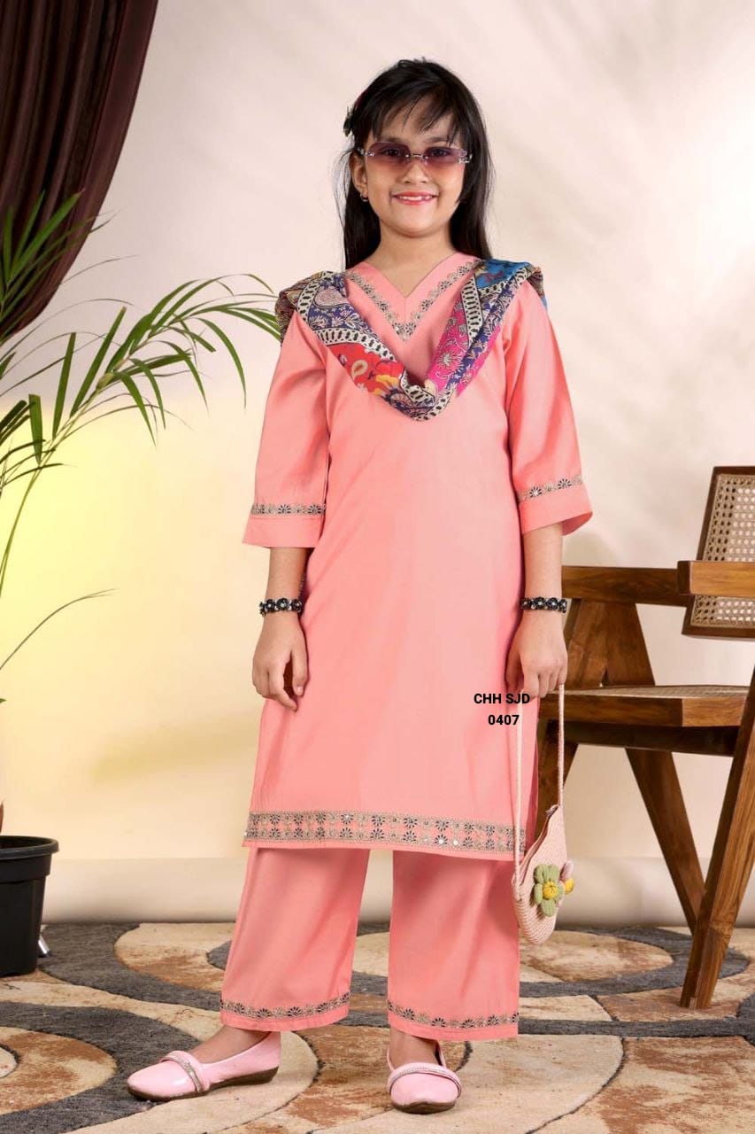 Girls Lavender Purple Ethnic Kurta Palazzo Set with Printed Dupatta